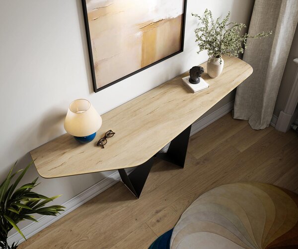 DELIFE Konzolasztal Edge poligonális 180x50 cm Laminam® Sabbia kerámia tölgy színű Spios fekete fém