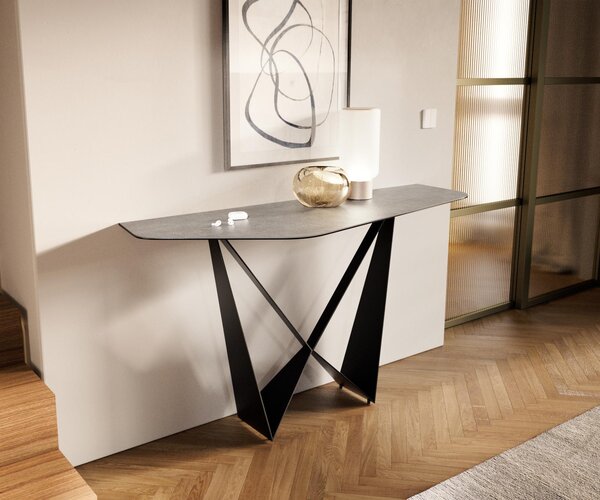 DELIFE Konzolasztal Edge polygonális 140x50 cm kerámia beton szürke Livos fém fekete