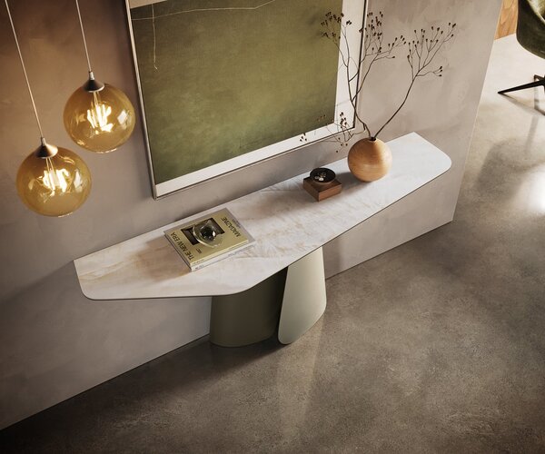 DELIFE Konzolasztal Edge poligonális 180x50 cm kerámia onyx gyöngyház livos fém titán színű effekt finish