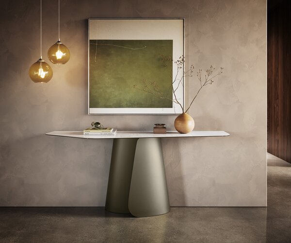 DELIFE Konzolasztal Edge poligonális 180x50 cm kerámia onyx gyöngyház livos fém titán színű effekt finish