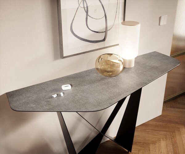 DELIFE Konzolasztal Edge polygonális 140x50 cm kerámia beton szürke Livos fém fekete