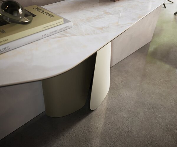 DELIFE Konzolasztal Edge poligonális 180x50 cm kerámia onyx gyöngyház livos fém titán színű effekt finish