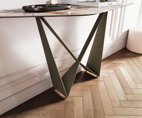 DELIFE Konzolasztal Edge poligonális 140x50 cm kerámia patagónia polírozott Spios fém titán effekt finish