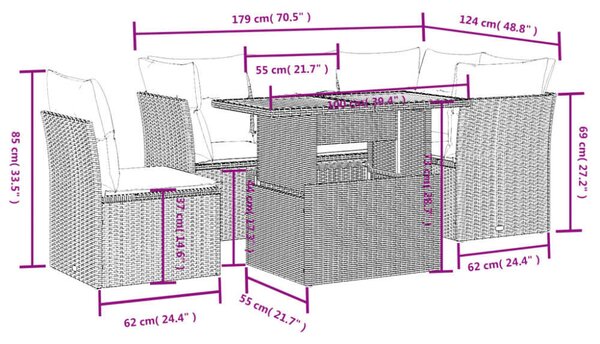 VidaXL 5 részes fekete polyrattan kerti kanapészett párnákkal