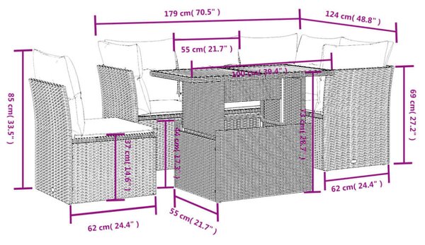 VidaXL 5 részes fekete polyrattan kerti kanapészett párnákkal