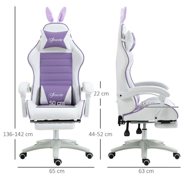 Vinsetto Gamer Szék Nyuszifülekkel, Lábtartóval, Párnákkal, Állítható és Dönthető, Lila