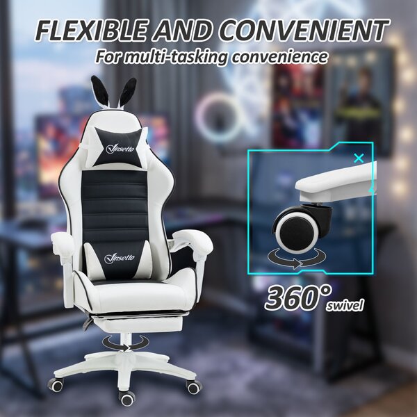 Vinsetto Gamer Szék Nyuszifülekkel, Lábtartóval, Párnákkal, Dönthető és Állítható Magasságú, Fekete