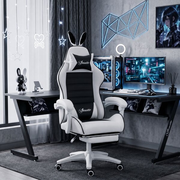 Vinsetto Gamer Szék Nyuszifülekkel, Lábtartóval, Párnákkal, Dönthető és Állítható Magasságú, Fekete