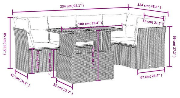 VidaXL 5 részes fekete polyrattan kerti kanapészett párnákkal