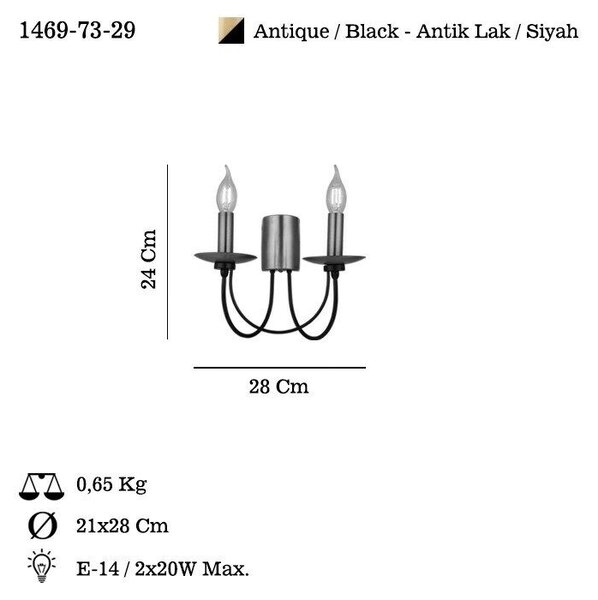Opviq Fali Lámpa Antiquation Fekete Dofa - 73-29