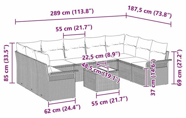 VidaXL Kerti Kanapé Szett 10 db Fekete polirattan