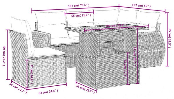 VidaXL Polyrattan Kerti Ülőgarnitúra - 6 részes - Fekete