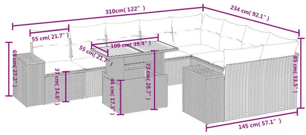 VidaXL Polyrattan Kerti Ülőgarnitúra - Fekete - 10 részes