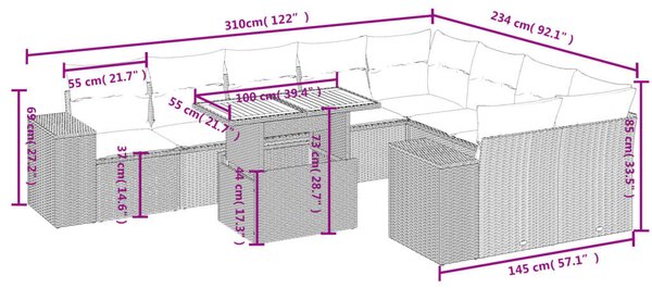 VidaXL Polyrattan Kerti Ülőgarnitúra - Fekete - 10 részes