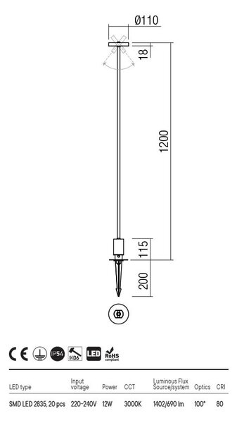 LED kültéri lámpa, ELFIC, sötétszürke, 120 cm
