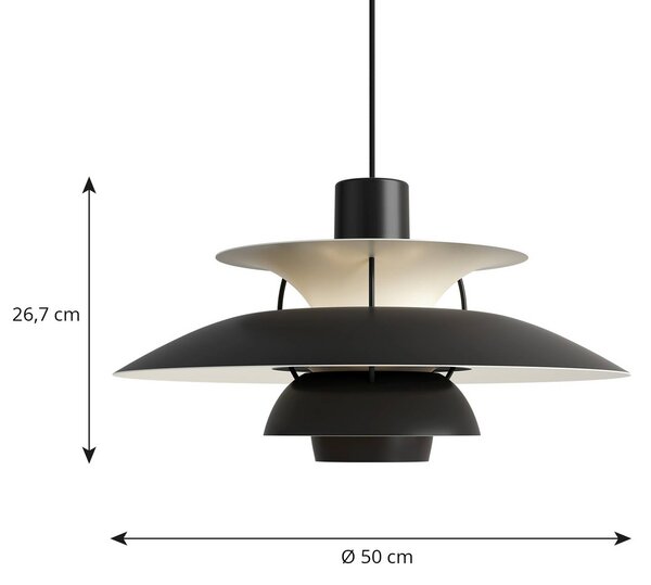 Louis Poulsen PH 5 500 lógó lámpa, monokróm fekete, Ø 50 cm, dimmelhető, Fekete, Nappali / Étkező, Alumínium, Dizájn