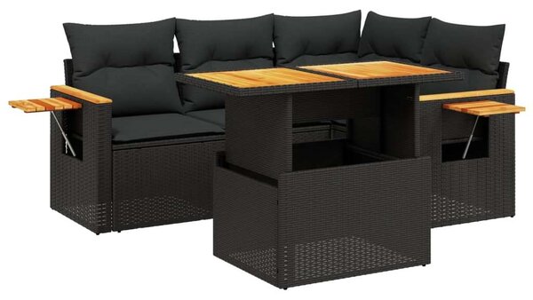 VidaXL 5 részes fekete polyrattan kerti kanapészett párnákkal