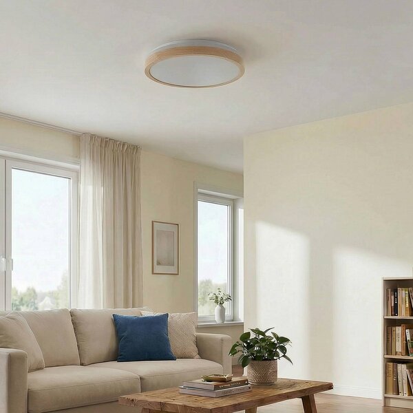 Lindby LED mennyezeti lámpa Emiva, Ø 49 cm, CCT, fa, dimmelhető, Világos fa, Nappali / Étkező, Fa, Modern