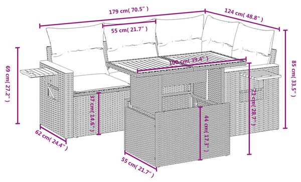 VidaXL 5 részes fekete polyrattan kerti kanapészett párnákkal