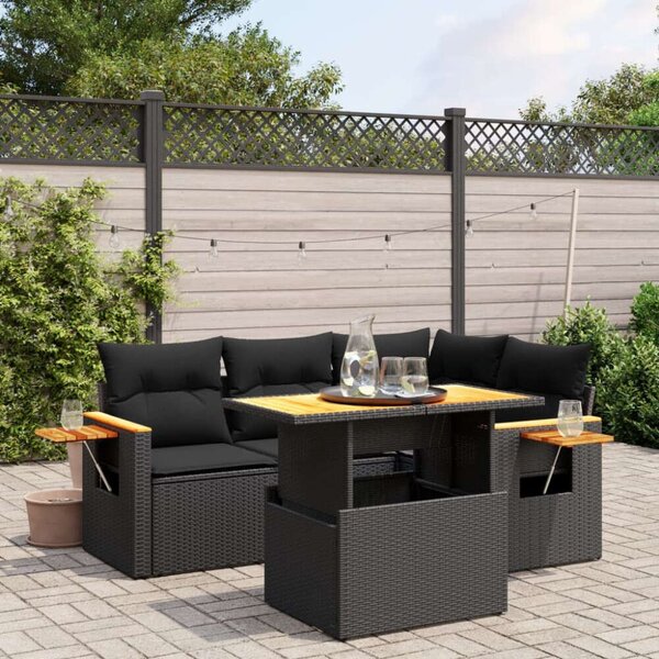 VidaXL 5 részes fekete polyrattan kerti kanapészett párnákkal