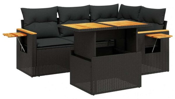 VidaXL 5 részes fekete polyrattan kerti kanapészett párnákkal