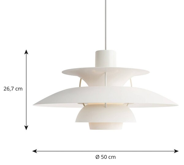 Louis Poulsen PH 5 500 lógó lámpa, egyszínű fehér, Ø 50 cm, dimmelhető, Fehér / opál, Nappali / Étkező, Alumínium, Dizájn