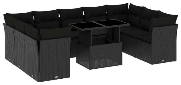 VidaXL 10 részes fekete polyrattan kerti ülőgarnitúra párnákkal