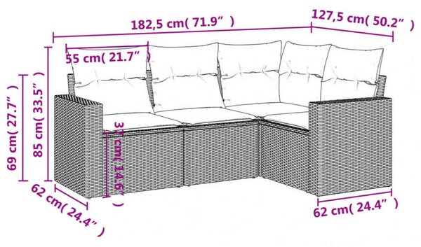 VidaXL 4 részes bézs polyrattan kerti ülőgarnitúra párnákkal