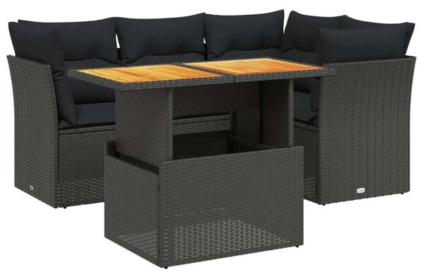 VidaXL 5 részes fekete polyrattan kerti kanapészett párnákkal