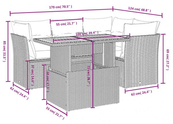 VidaXL 5 részes fekete polyrattan kerti kanapészett párnákkal