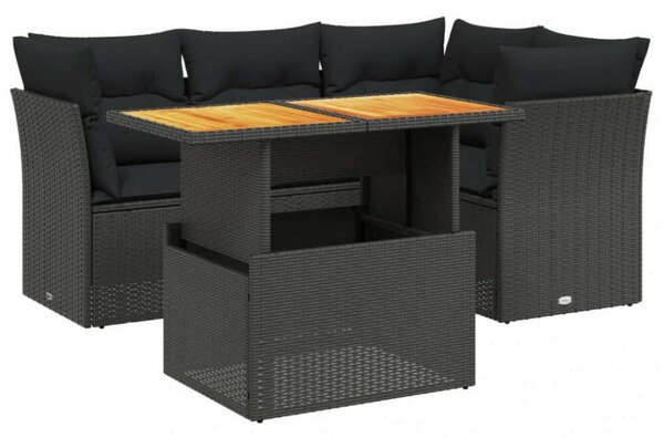 VidaXL 5 részes fekete polyrattan kerti kanapészett párnákkal