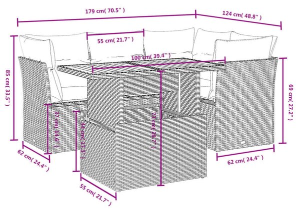 VidaXL 5 részes fekete polyrattan kerti kanapészett párnákkal
