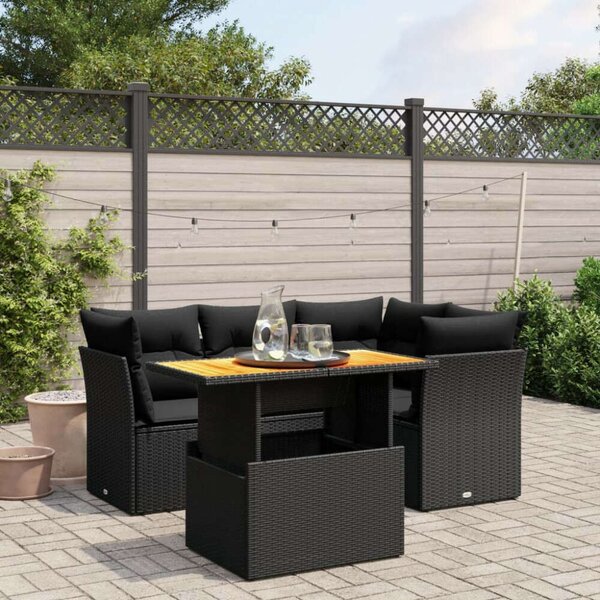 VidaXL 5 részes fekete polyrattan kerti kanapészett párnákkal