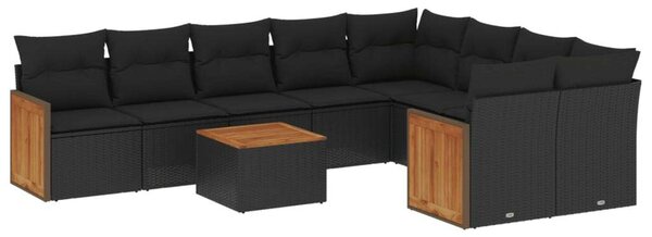 VidaXL 10 részes fekete polyrattan kerti ülőgarnitúra párnákkal