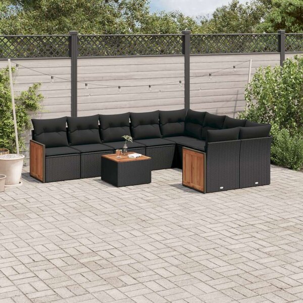 VidaXL 10 részes fekete polyrattan kerti ülőgarnitúra párnákkal