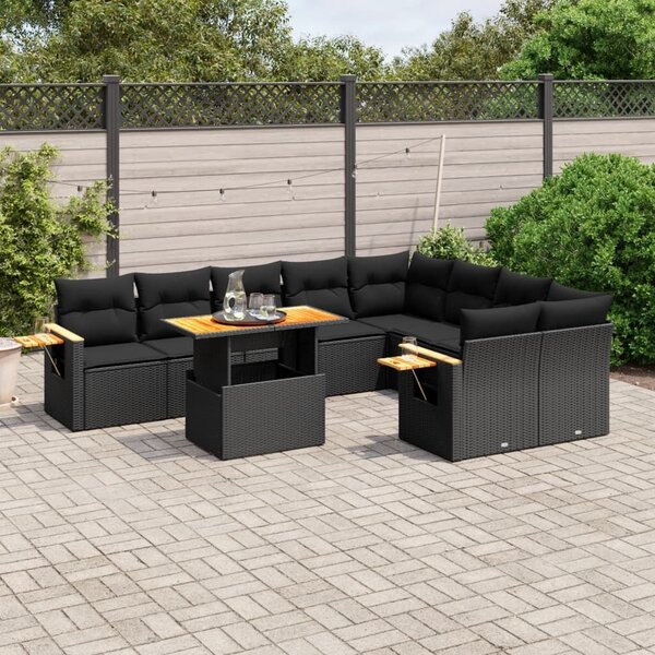 VidaXL 10 részes fekete polyrattan kerti ülőgarnitúra párnákkal