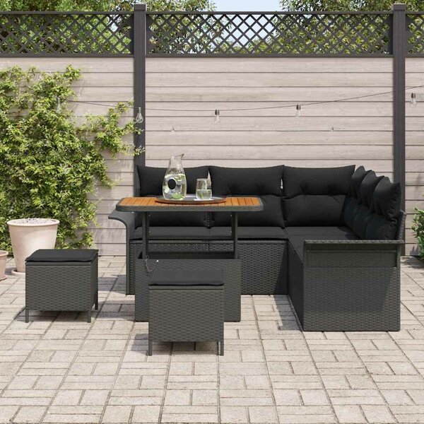 VidaXL 8 részes Fekete Polyrattan Kerti Kanapé Szett Akácfa Asztallal