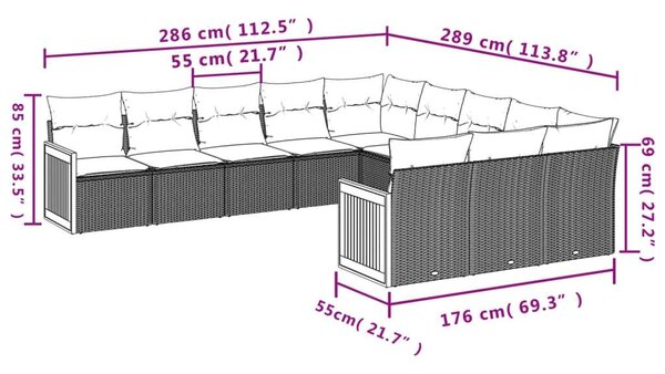 VidaXL 11 részes fekete polyrattan kerti ülőgarnitúra párnákkal