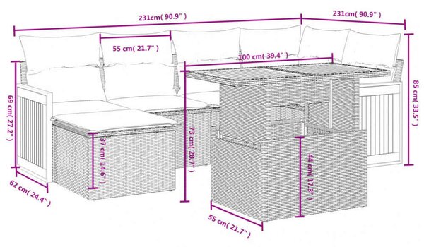 VidaXL Polyrattan Kerti Ülőgarnitúra - 6 részes - Fekete