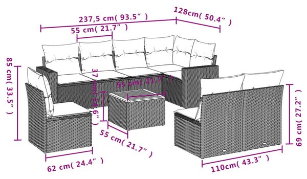 VidaXL Polyrattan Kerti Ülőgarnitúra - 9 részes - Fekete