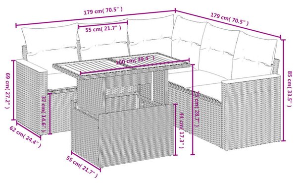 Polyrattan Kerti Ülőgarnitúra - 6 részes - Fekete