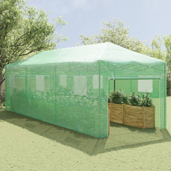 Üvegház pop-up kerettel tetővel Zöld 290 x 870 x 315 cm Vas