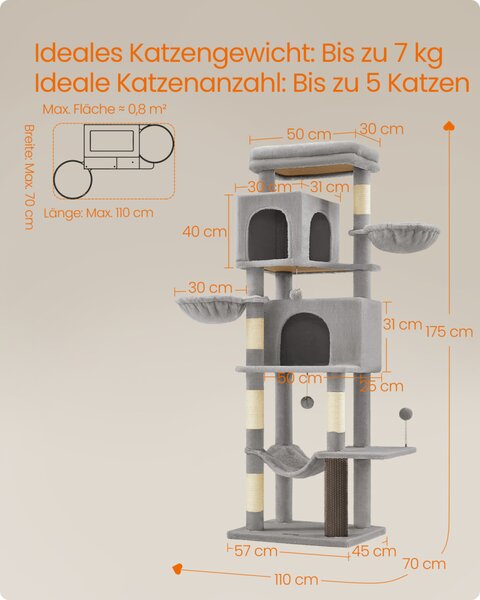 Feandrea PCT182G01 175 cm magas többszintes macskafa kaparóoszlopokkal galambszürke
