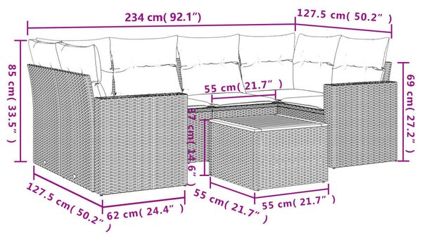 VidaXL 7 részes bézs polyrattan kerti ülőgarnitúra párnákkal
