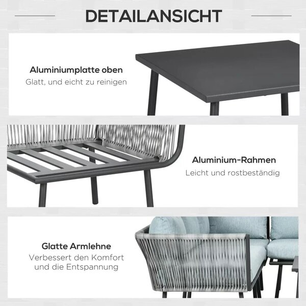 Outsunny Rattan kerti bútor szett 4 személyesre, ülőgarnitúra párnákkal erkélyre, alumínium szürke