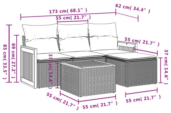 VidaXL 5 részes bézs polyrattan kerti ülőgarnitúra párnákkal