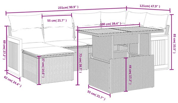 Polyrattan Kerti Ülőgarnitúra - 7 részes - Fekete