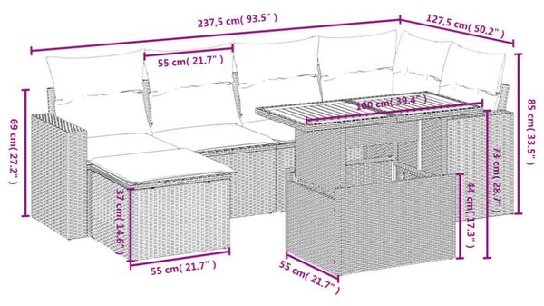VidaXL Polyrattan Kerti Ülőgarnitúra - 7 részes - Fekete