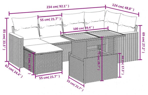 Polyrattan Kerti Ülőgarnitúra - 7 részes - Fekete