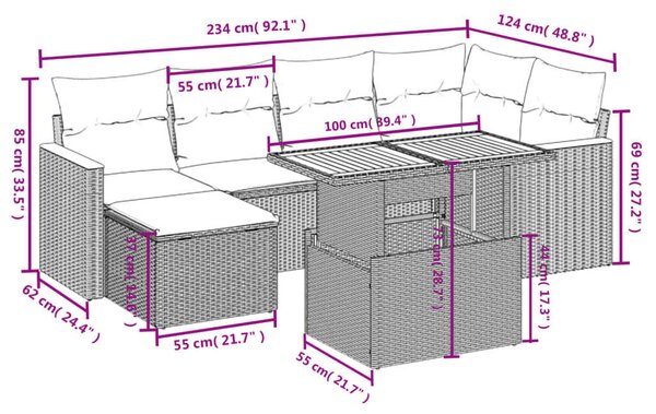 Polyrattan Kerti Ülőgarnitúra - 7 részes - Fekete